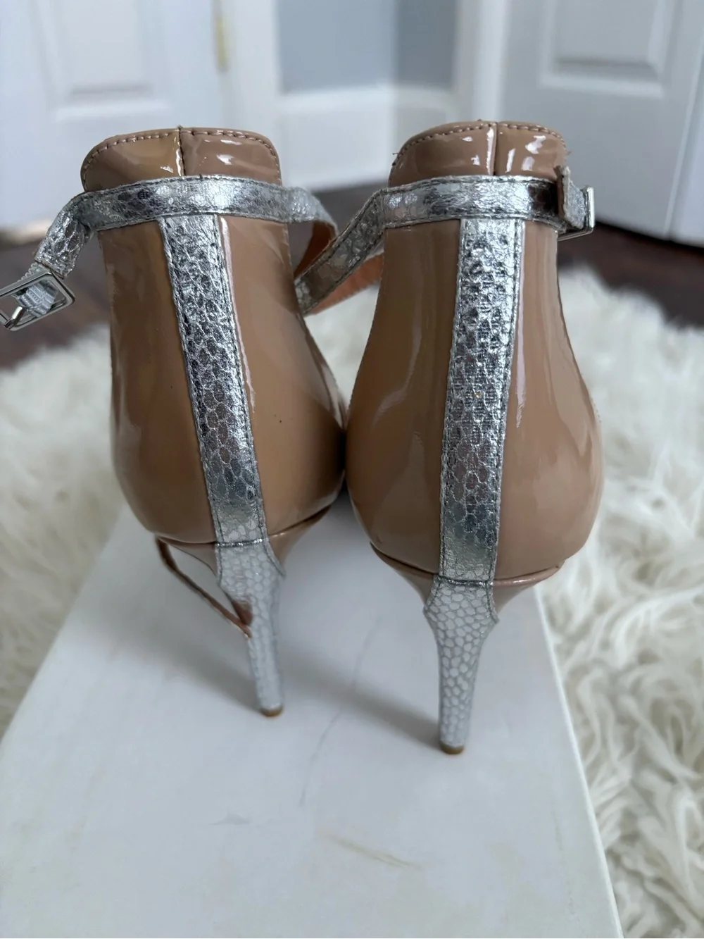 Halogen Nude Leather Pointed Toe Heels with Silver Snake Print Stiletto